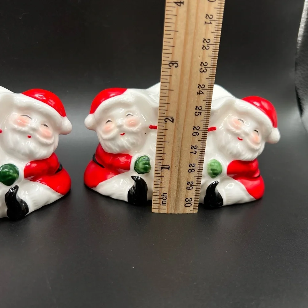 Vintage Ceramic Santas w/ Toy Bag Candleholder Pair Made in Taiwan Bone China